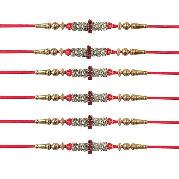 ACCESSHER Mens Traditional Rhinestones Studded Delicate Rakhi Pack Of 6 For Beloved Brother & Gifting With Roli Kumkum Packets & Happy Rakshabandhan Card - Image 5