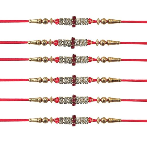 ACCESSHER Mens Traditional Rhinestones Studded Delicate Rakhi Pack Of 6 For Beloved Brother & Gifting With Roli Kumkum Packets & Happy Rakshabandhan Card - Image 5