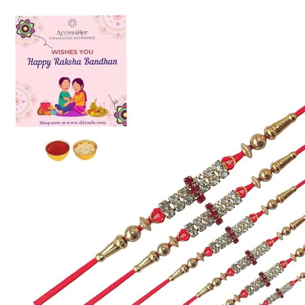 ACCESSHER Mens Traditional Rhinestones Studded Delicate Rakhi Pack Of 6 For Beloved Brother & Gifting With Roli Kumkum Packets & Happy Rakshabandhan Card - Image 4