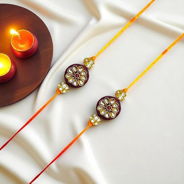ACCESSHER Traditional Gold Plated Elegant and Stylish Blue Beaded Rakhi for Beloved Brother Pack of 2 with Roli Kumkum Packets and Happy Rakshabandhan Card - Image 4