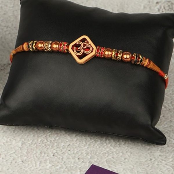 ACCESSHER Mens Traditional Elegant Wooden Finish OM with Rudraksh Rakhi for Beloved Brother Pack of 3 with Roli Kumkum Packets and Happy Rakshabandhan Card - Image 4