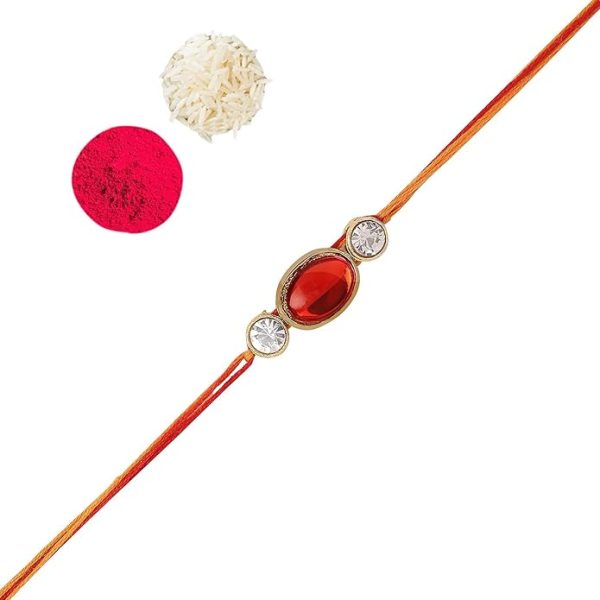ACCESSHER Mens Traditional Elegant Red Ruby Stones Bhaiyya Bhabhi Rakhi for Beloved Brother Pack of 1 with Roli Kumkum Packets and Happy Rakshabandhan Card - Image 3