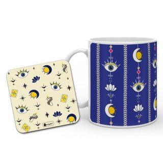Indigifts Coffee Mug 325 ml And Coaster Evil Eye Printed Blue Mug and White Coaster| Gift Hamper| Printed Coffee Mugs| White Ceramic Coffee Mugs| Coaster For Office Table| Tea Coaster For Office Table