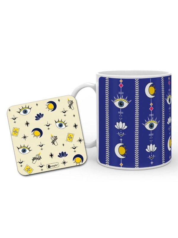 Indigifts Coffee Mug 325 ml And Coaster Evil Eye Printed Blue Mug and White Coaster| Gift Hamper| Printed Coffee Mugs| White Ceramic Coffee Mugs| Coaster For Office Table| Tea Coaster For Office Table