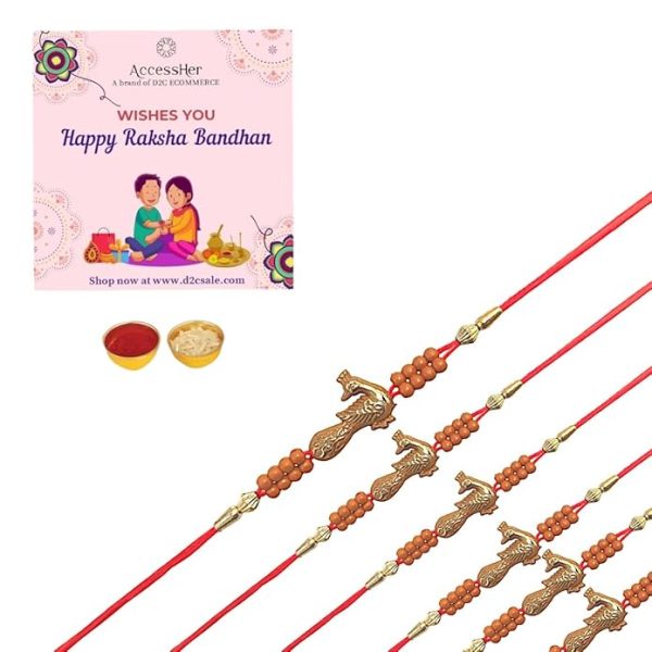 ACCESSHER Unisex Ethnic Meenakari Peacok Design Orange Rakhi for Bwloved Brother Pack of 6 & Gifting with Roli Kumkum Packets & Happy Rakshabandhan Card - Image 4