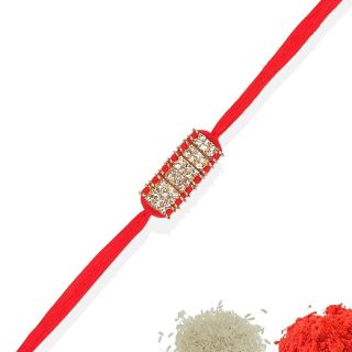 ACCESSHER Traditional Elegant Red Statement Rhinestones Rakhi for Brother Pack of 1 with Roli Kumkum Packets and Happy Rakshabandhan Card