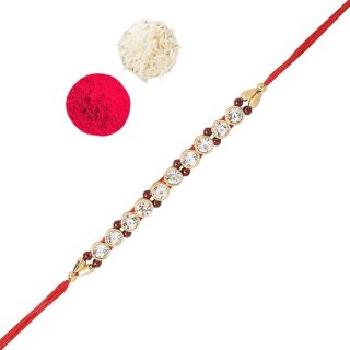 ACCESSHER Elegant Studded Rakhi with Pearls for Your Beloved Brother with roli kumkum Packets and Happy Rakshabandhan Card | Latest Rakhi for Brother