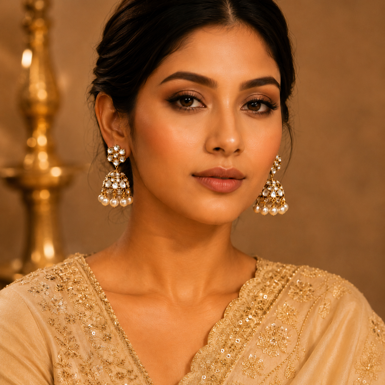 Accessher Gold Plated Floral Jhumki Earrings with Kundan Detailing - Traditional Ethnic Design - Image 6