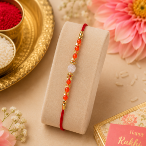 ACCESSHER Traditional Orange Beaded Rakhi with Roli, Kumkum & Raksha Bandhan Greeting Card