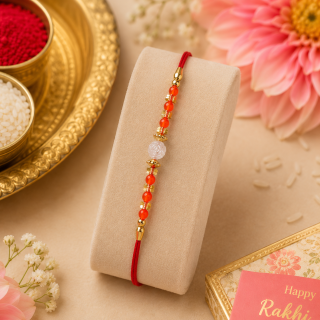 ACCESSHER Traditional Orange Beaded Rakhi with Roli, Kumkum & Raksha Bandhan Greeting Card
