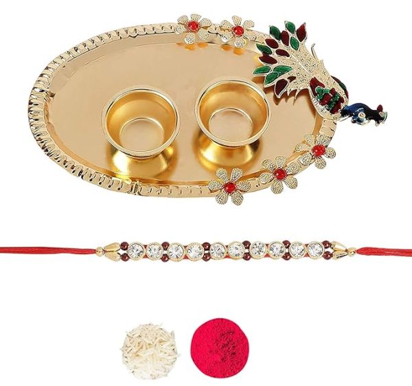 ACCESSHER Traditional Rakhi Set with Acrylic Pooja Thali, Roli Kumkum, and Happy Rakshabandhan Card | Ethnic Rakhi Combo with Decorative Thali for Auspicious Celebrations - Image 2
