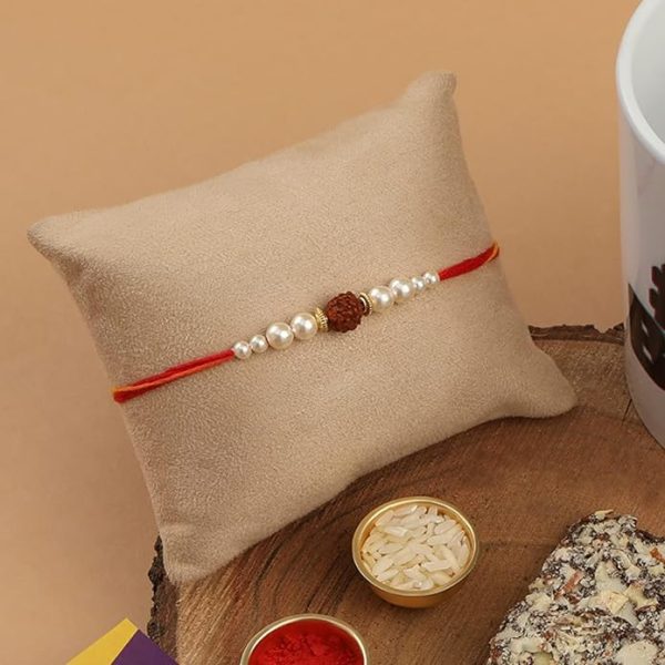 ACCESSHER Mens Religious Delicate Rudraksh Rakhi with Pearls for Brother & Gifting - Pack of 1 with Roli Kumkum Packets and Happy Rakshabandhan Card | Rakhi for Brother - Image 2