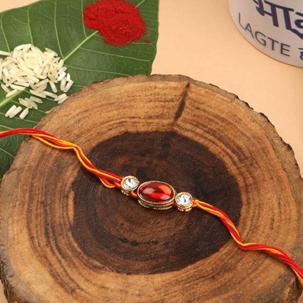 ACCESSHER Mens Traditional Elegant Red Ruby Stones Bhaiyya Bhabhi Rakhi for Beloved Brother Pack of 1 with Roli Kumkum Packets and Happy Rakshabandhan Card - Image 5