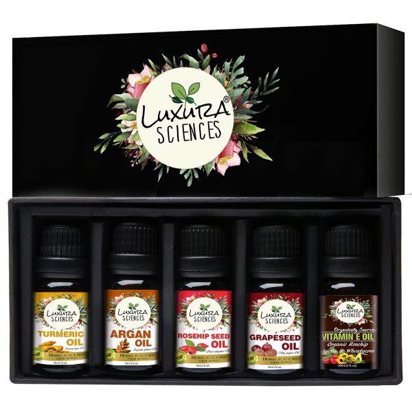 Luxura Sciences Organic Essential Oil Combo Pack of 5 Oils - ANTI AGEING Kit 5x15ml (Lavender Oil, Lemon Oil, Ylang Ylang Oil, Avocado Oil, Vitamin E Oil).