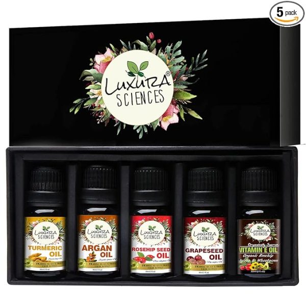 Luxura Sciences Organic Essential Oil Combo Pack of 5 Oils - ANTI AGEING Kit 5x15ml (Lavender Oil, Lemon Oil, Ylang Ylang Oil, Avocado Oil, Vitamin E Oil).