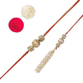 ACCESSHER Mens Traditional Gold Plated Elegant Bhaiyya Bhabhi Lumba Pearl Rakhi for Beloved Brother Pack of 1 with Roli Kumkum Packets and Happy Rakshabandhan Card