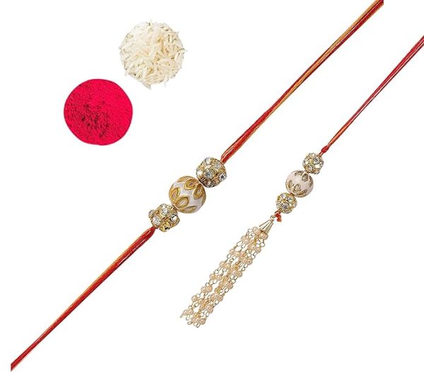 ACCESSHER Mens Traditional Gold Plated Elegant Bhaiyya Bhabhi Lumba Pearl Rakhi for Beloved Brother Pack of 1 with Roli Kumkum Packets and Happy Rakshabandhan Card