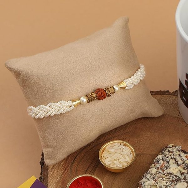 ACCESSHER Mens Sacred Rudraksh Rakhi With Tiny Pearls - Delicate Religious Design For Brother, Ideal For Gifting On Special Occasions With Roli/Kumkum Packets, Rice & Raksha Bandhan Card. - Image 2
