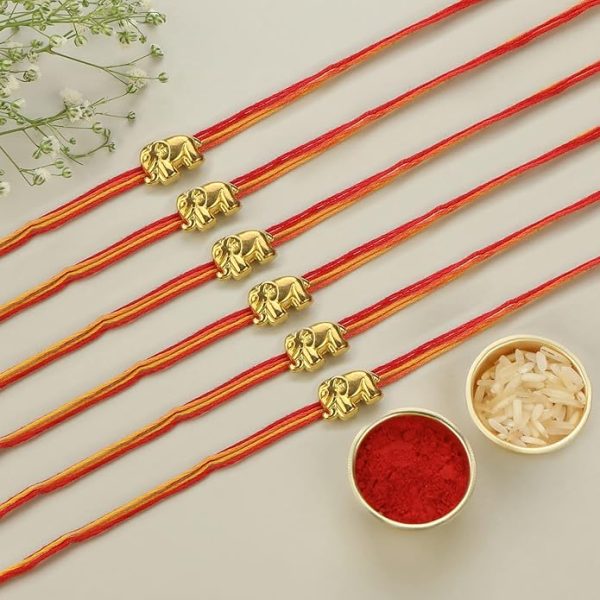 ACCESSHER Traditional Gold Plated Elegant and Stylish Elephant Rakhi for Beloved Brother Pack of 6 with Roli Kumkum Packets and Happy Rakshabandhan Card - Image 2