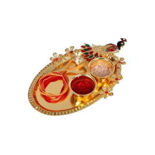 ACCESSHER Unisex Enamel/Meenakari with Ivory Pearl Rakhi for Beloved Brother with Acrylic Peacock Pooja Thali, Roli Kumkum Packets and Happy Rakshabandhan Card