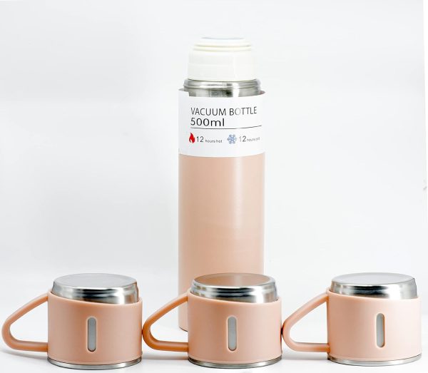 Stainless Steel Vacuum Flask Set with 3 Steel Cups Combo for Coffee Hot Drink and Cold | Water Flask Bottle | Travel Friendly | Latest Ideal Gift for Festive Season, Family Gifting Pink in Colour - Image 2