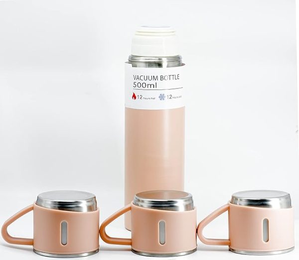 Stainless Steel Vacuum Flask Set with 3 Steel Cups Combo for Coffee Hot Drink and Cold | Water Flask Bottle | Travel Friendly | Latest Ideal Gift for Festive Season, Family Gifting Pink in Colour - Image 2