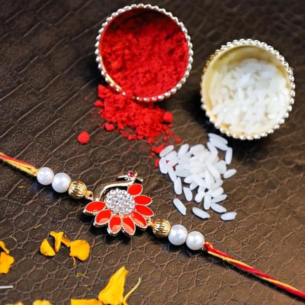 ACCESSHER Mens Traditional Gold Plated Semi Precious Enamel Peacock Rakhi for Beloved Brother Pack of 1 with Roli Kumkum Packets and Happy Rakshabandhan Card - Image 3