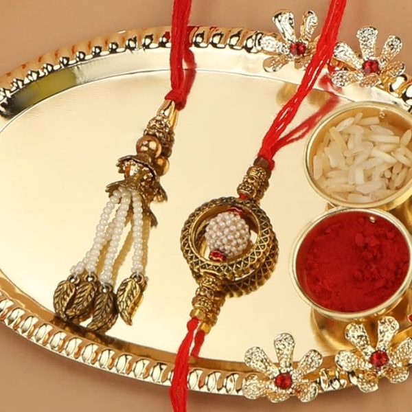 ACCESSHER Mens Traditional Gold Plated Bhaiyya Bhabhi Pearl Lumba Rakhi for Beloved Brother Set of 2 with Roli Kumkum Packets and Happy Rakshabandhan Card - Image 2
