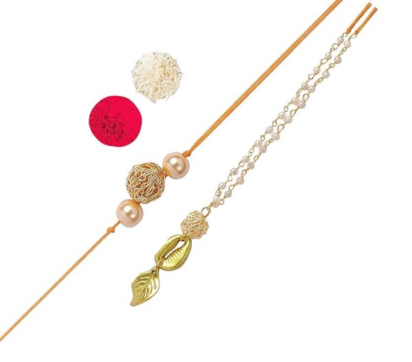 ACCESSHER Gold Plated Elegant Filigree Ball with Pearl Bhaiyya Bhabhi Rakhi for Beloved Brother with Roli Kumkum Packets and Happy Rakshabandhan Card | Rakhi For Brother
