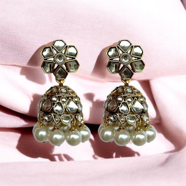 Accessher Traditional Gold Plated Kundan Studded Floral Jhumki Earrings, Ethnic Statement Earrings for Women and Girls |Perfect for Weddings| Pack of 1 - Image 4