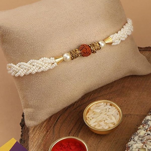 ACCESSHER Mens Traditional Elegant and Stylish Designer Pearl and Rudraksh Rakhi for Beloved Brother Pack of 6 with Roli Kumkum Packets and Happy Rakshabandhan Card - Image 6