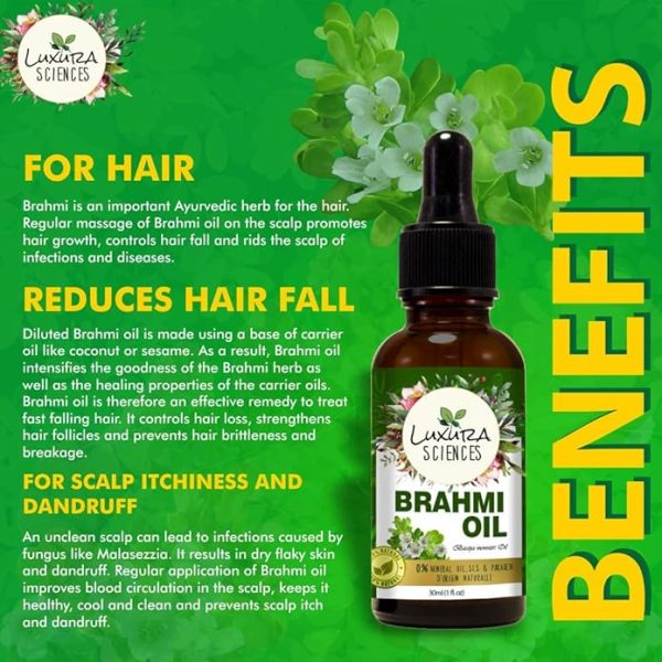 Luxura Sciences Organic Brahmi Oil For hair conditioning, dandruff and dry scalp | Herbal scalp treatment. 30 ML - Image 3