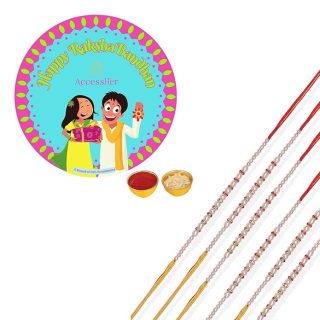 ACCESSHER Traditional Elegant and Stylish Pearl Beaded Rakhi for Brother Pack of 1 with Roli Kumkum Packets and Happy Rakshabandhan Card