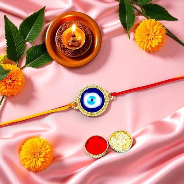 ACCESSHER Mens Delicate Single Thread Elegant and Stylish Evil Eye Rakhi for Beloved Brother & Gifting Card with Roli/Kumkum Packets, Rice & Happy Rakshabandhan Card - Image 2