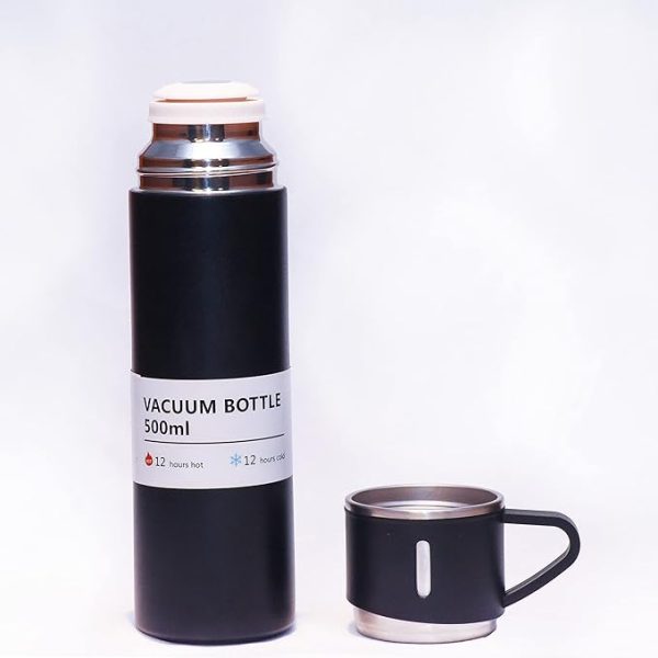 Stainless Steel Vacuum Flask Set with 3 Steel Cups Combo for Coffee Hot Drink and Cold | Water Flask Bottle | Travel Friendly | Latest Ideal Gift for Festive Season, Family Gifting Black in Colour) - Image 2