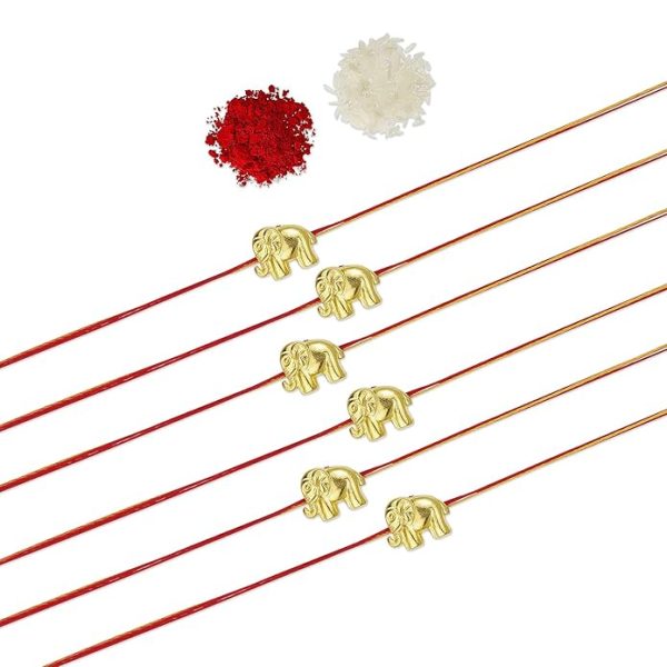 ACCESSHER Traditional Gold Plated Elegant and Stylish Elephant Rakhi for Beloved Brother Pack of 6 with Roli Kumkum Packets and Happy Rakshabandhan Card
