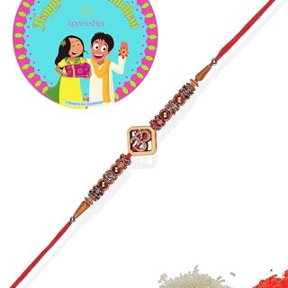ACCESSHER Mens Traditional & Religious Quirky Wooden OM Rakhi for Brother Pack of 1 with Roli/Kumkum Packets, Rice and Happy Rakshabandhan Card