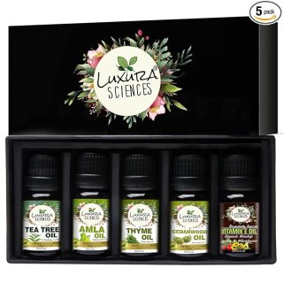 Luxura Sciences Organic Essential Oil Combo Pack of 5 Oils - ANTI DANDRUFF Essential oil kit 5x15ml (Tea Tree Oil, Thyme Oil, Amla Oil, CedarWood Oil, Vitamin E Oil)