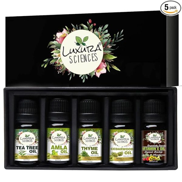 Luxura Sciences Organic Essential Oil Combo Pack of 5 Oils - ANTI DANDRUFF Essential oil kit 5x15ml (Tea Tree Oil, Thyme Oil, Amla Oil, CedarWood Oil, Vitamin E Oil)