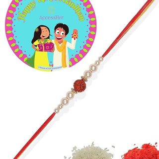 ACCESSHER Mens Religious Delicate Rudraksh Rakhi with Pearls for Brother & Gifting - Pack of 1 with Roli Kumkum Packets and Happy Rakshabandhan Card | Rakhi for Brother