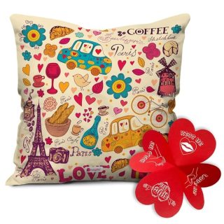 Indigifts Printed Cushion Cover with Filler | Paris Theme Print | Polysatin | 12x12 Inches | Comfortable Multicolor Cushions Soft Decorative Pillows | Unique Quirky Gifts | Valentine Gifts