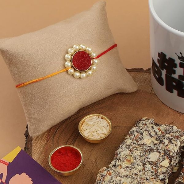 Accessher Traditional Stylish Quirky Druzy Stone Pearl Rakhi for Brother Pack of 1 with Metal Pooja Thali, Roli/Kumkum Packets, Rice and Happy Rakshabandhan Card. - Image 4