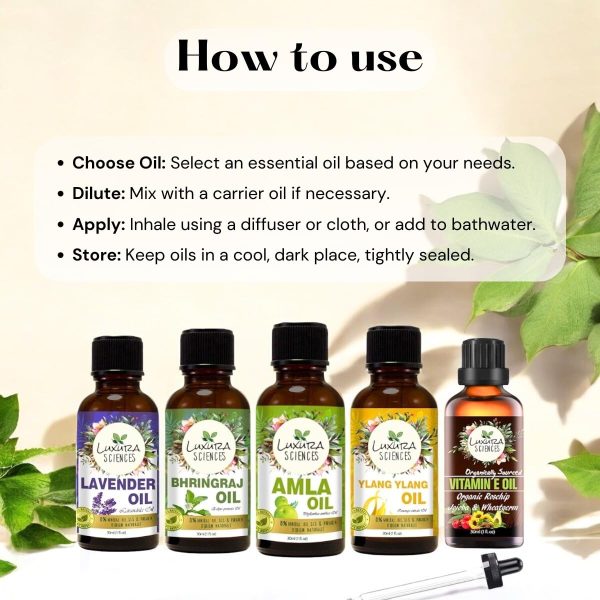 Luxura Sciences Organic Essential Oil Combo Pack of 5 Oils - HAIR Essential oil kit 5x15ml (Lavender Oil, Bhringraj Oil, Amla Oil, Ylang Ylang Oil, Vitamin E Oil) - Image 3