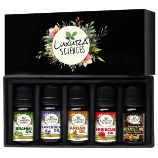 Luxura Sciences Daily Scalp Health Essential Oil Kit | 5 Nourishing Oils for Hair & Scalp Care (Hibiscus, Brahmi, Argan, Lavender & Vitamin E) – 15ml Each