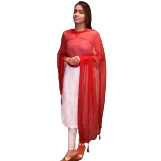 Drape N Don Ethnic Plain Chiffon Fancy Dupatta/Chunni for Women (Red)