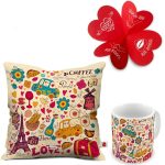 Indigifts Love Paris Coffee 12X12 Inches Printed Micro Satin and Fiber Filled Cushion and Ceramic Mug - Valentine Gifts for Girlfriend, Love Gifts For Boyfriend, Gift For Boyfriend Birthday