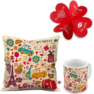 Indigifts Love Paris Coffee 12X12 Inches Printed Micro Satin and Fiber Filled Cushion and Ceramic Mug - Valentine Gifts for Girlfriend, Love Gifts For Boyfriend, Gift For Boyfriend Birthday