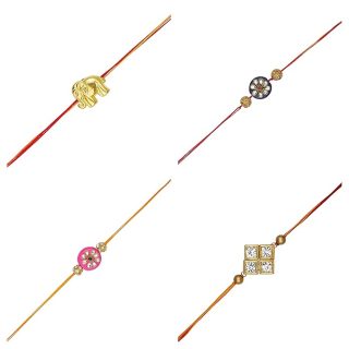 ACCESSHER Mens Traditional Gold Plated Elegant and Stylish Combo Rakhi for Beloved Brother Pack of 4 with Roli Kumkum Packets and Happy Rakshabandhan Card