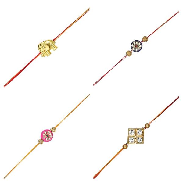 ACCESSHER Mens Traditional Gold Plated Elegant and Stylish Combo Rakhi for Beloved Brother Pack of 4 with Roli Kumkum Packets and Happy Rakshabandhan Card