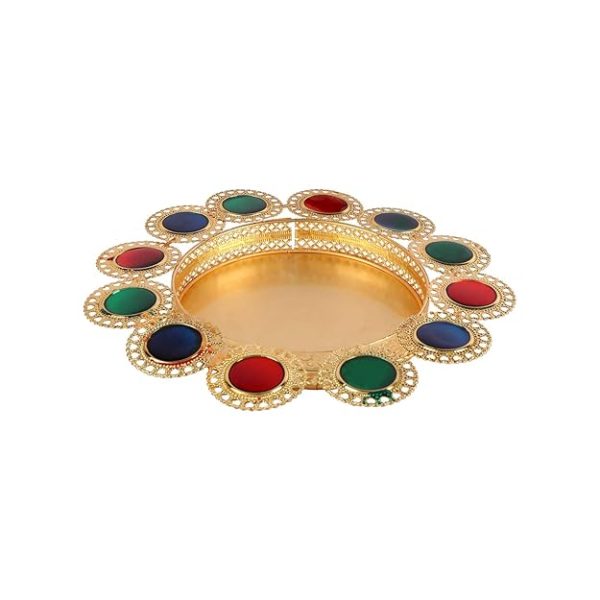 ACCESSHER Unisex Elegant Gold Plastic Rakhi Set with Acrylic Pooja Thali, Roli Kumkum and Happy Rakshabandhan Card - Image 3